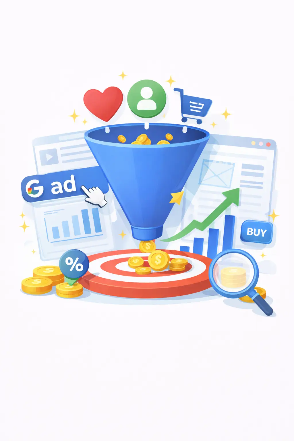Conversion rate optimization illustration showing sales funnel, analytics, and growth metrics